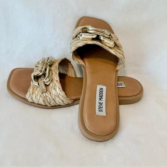 Steve Madden Gene Raffia Gold Chain Embellished Slide Sandals - Picture 4 of 7